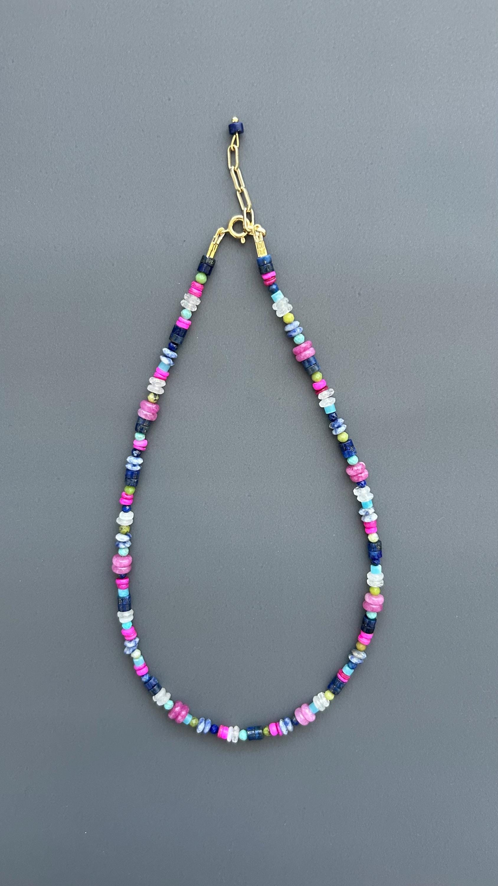 Coastal Healing Crystal Beaded Necklace | Lapis Lazuli Moonstone Turquoise Pink Shell | Boho Layering Jewelry