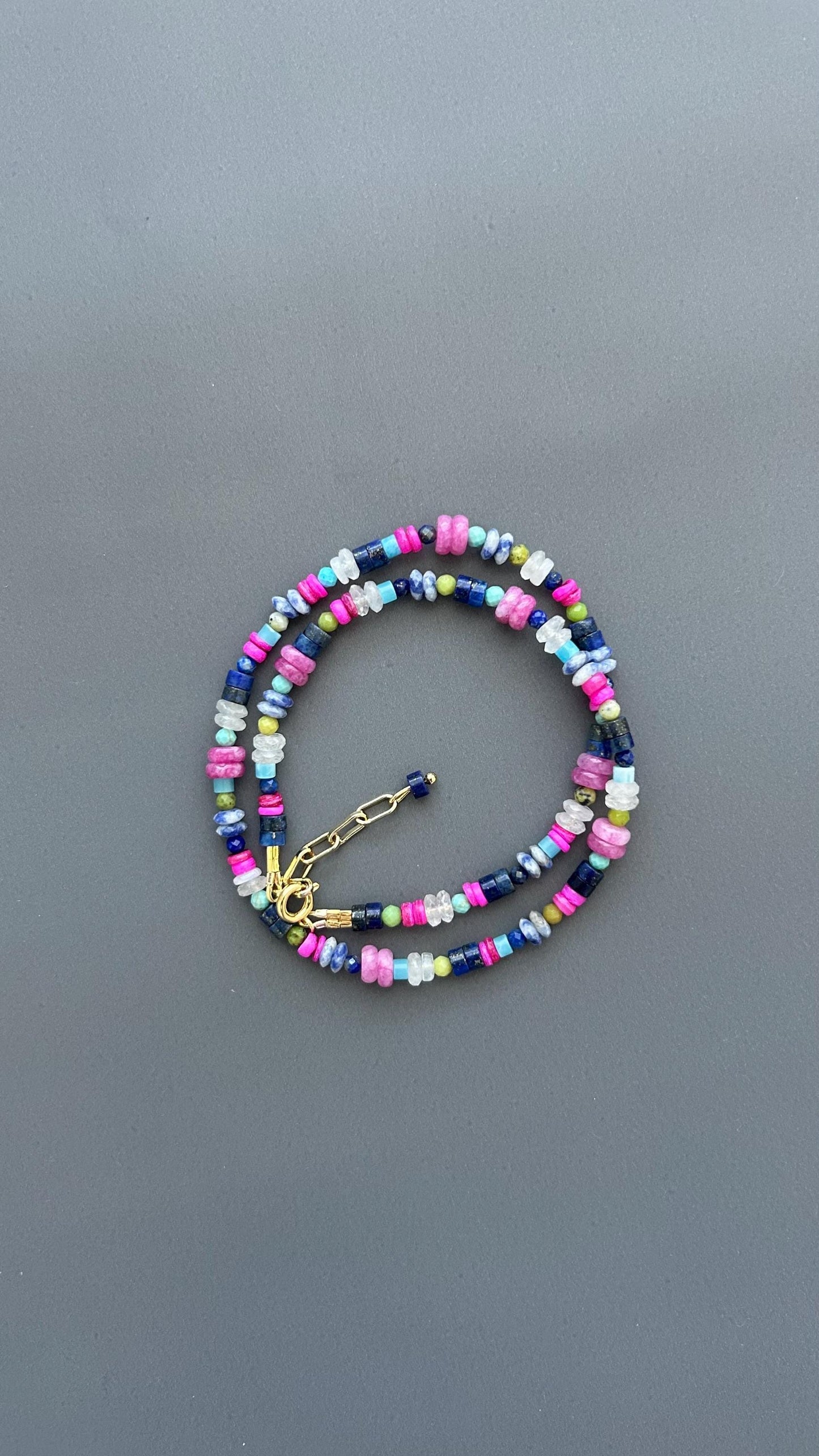 Coastal Healing Crystal Beaded Necklace | Lapis Lazuli Moonstone Turquoise Pink Shell | Boho Layering Jewelry