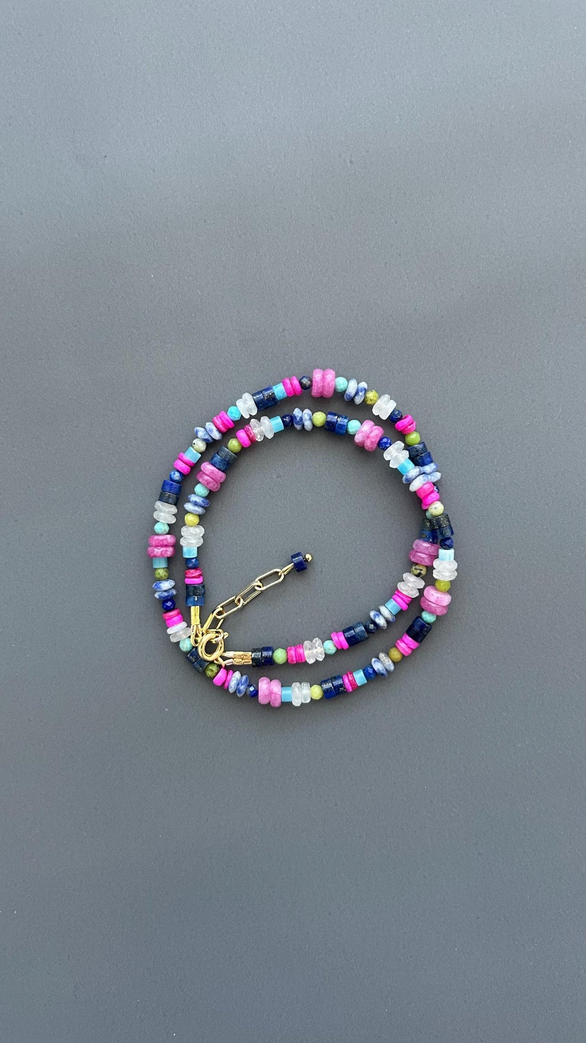 Coastal Healing Crystal Beaded Necklace | Lapis Lazuli Moonstone Turquoise Pink Shell | Boho Layering Jewelry