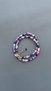 Coastal Healing Crystal Beaded Necklace | Lapis Lazuli Moonstone Turquoise Pink Shell | Boho Layering Jewelry