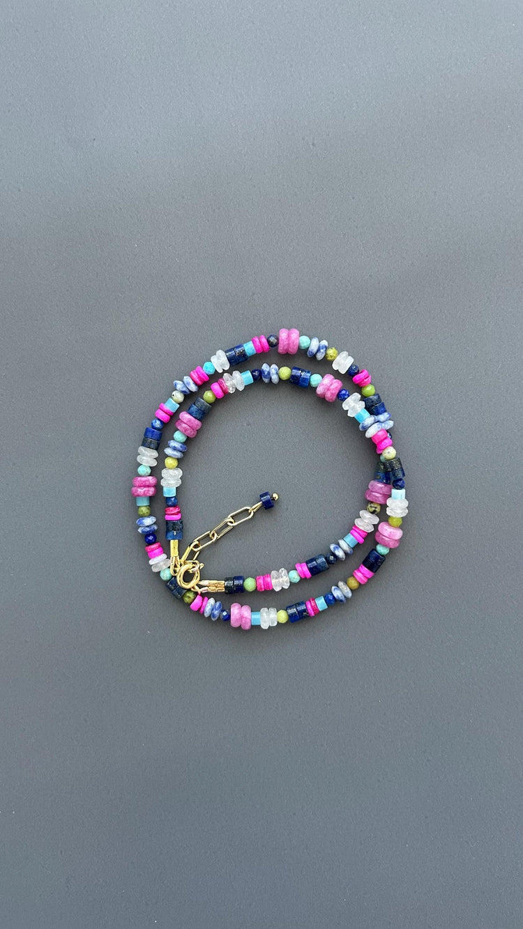 Coastal Healing Crystal Beaded Necklace | Lapis Lazuli Moonstone Turquoise Pink Shell | Boho Layering Jewelry