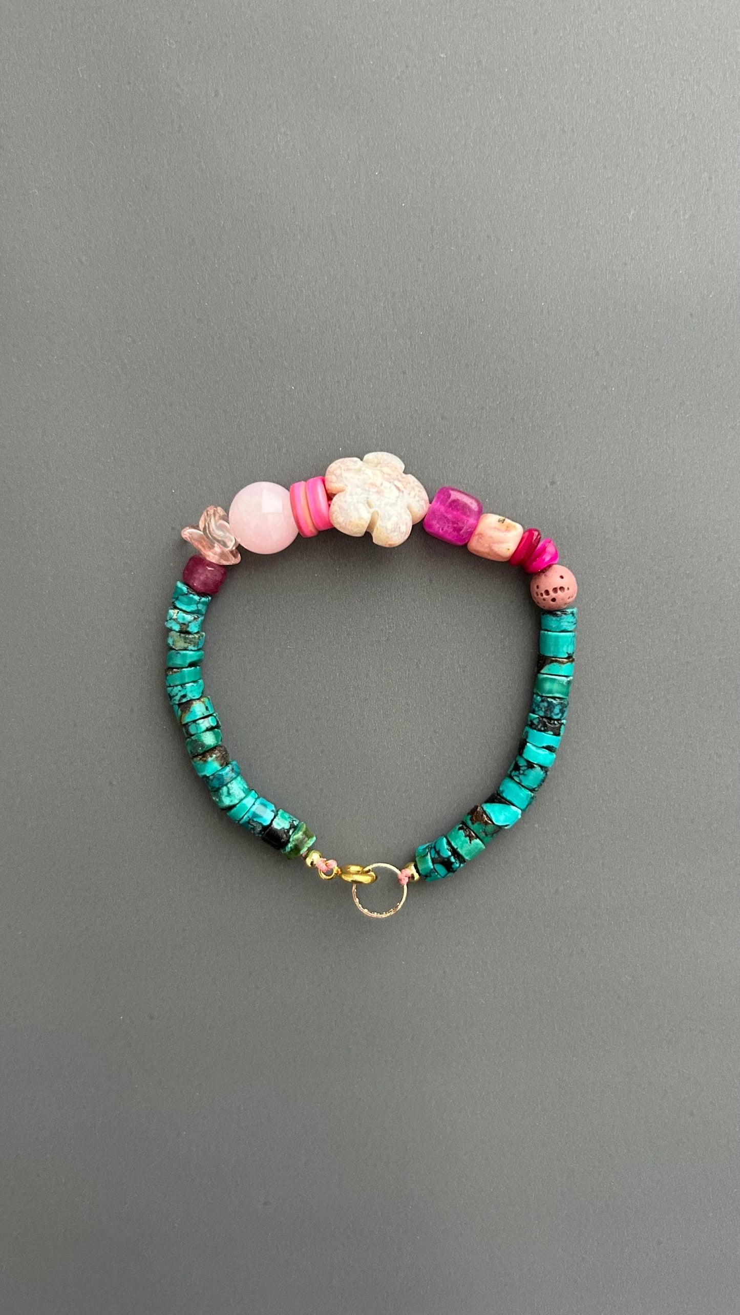 Boho Turquoise Beaded Bracelet, Handmade Gemstone Bracelet, Pink Floral Bracelet, Artisan Jewelry, Colorful Layering Bracelet