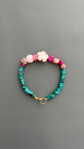 Boho Turquoise Beaded Bracelet, Handmade Gemstone Bracelet, Pink Floral Bracelet, Artisan Jewelry, Colorful Layering Bracelet