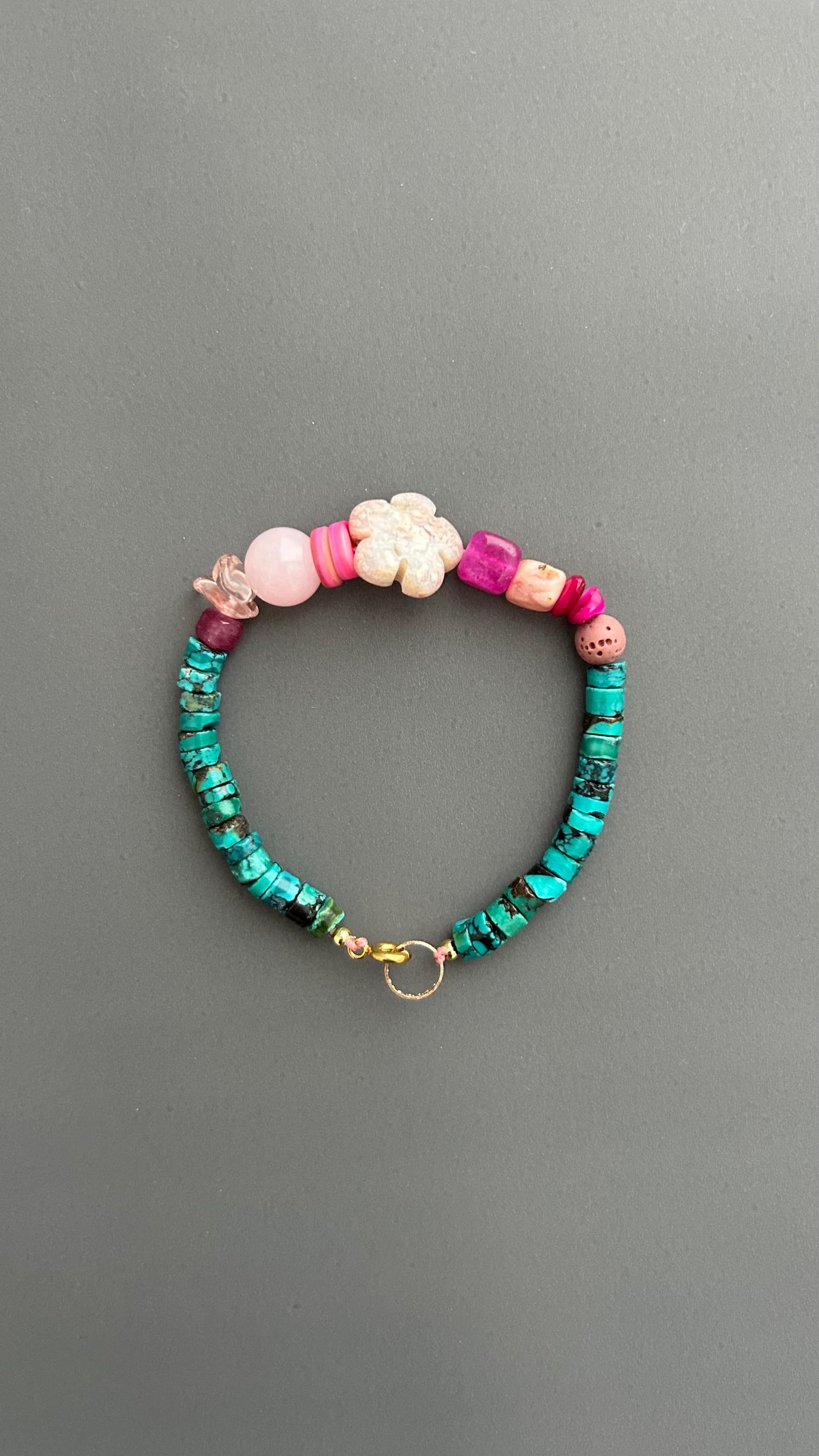 Boho Turquoise Beaded Bracelet, Handmade Gemstone Bracelet, Pink Floral Bracelet, Artisan Jewelry, Colorful Layering Bracelet