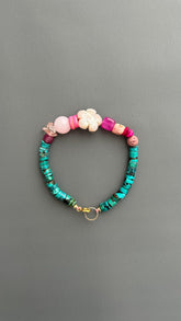Boho Turquoise Beaded Bracelet, Handmade Gemstone Bracelet, Pink Floral Bracelet, Artisan Jewelry, Colorful Layering Bracelet