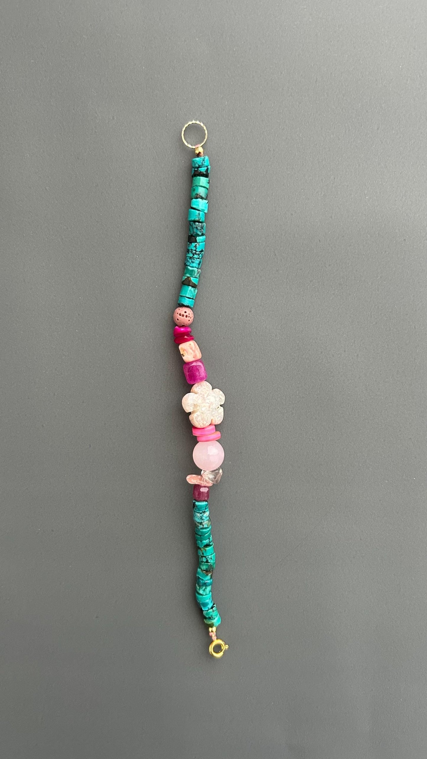 Boho Turquoise Beaded Bracelet, Handmade Gemstone Bracelet, Pink Floral Bracelet, Artisan Jewelry, Colorful Layering Bracelet