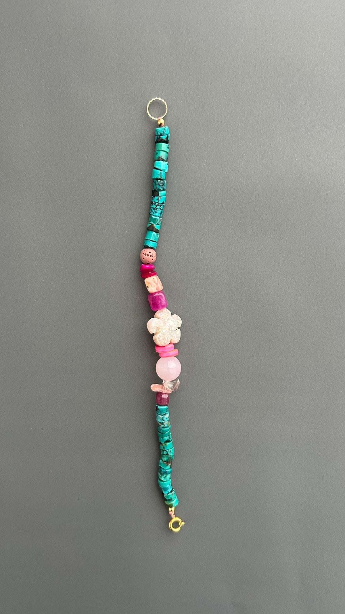 Boho Turquoise Beaded Bracelet, Handmade Gemstone Bracelet, Pink Floral Bracelet, Artisan Jewelry, Colorful Layering Bracelet