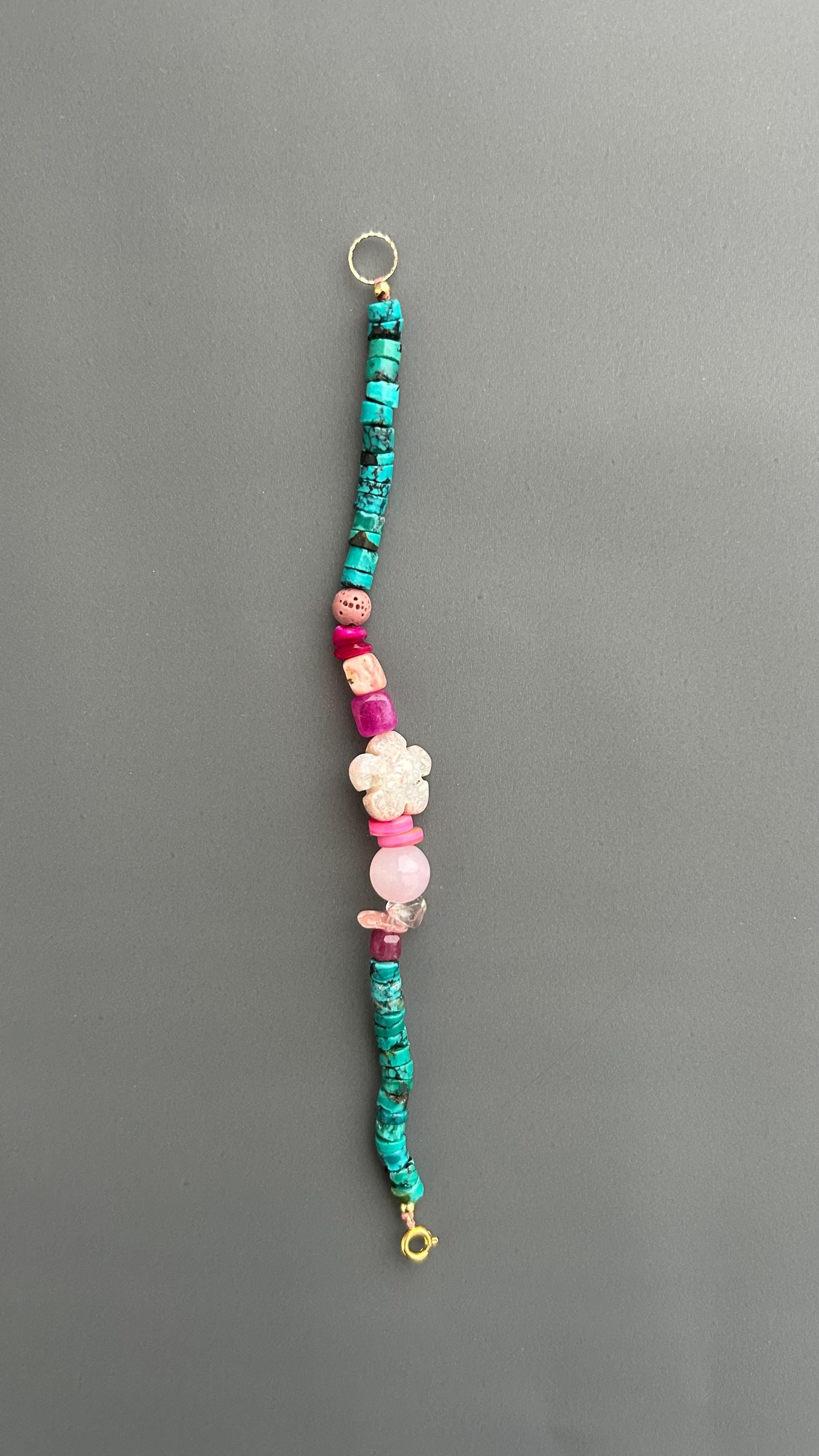 Boho Turquoise Beaded Bracelet, Handmade Gemstone Bracelet, Pink Floral Bracelet, Artisan Jewelry, Colorful Layering Bracelet