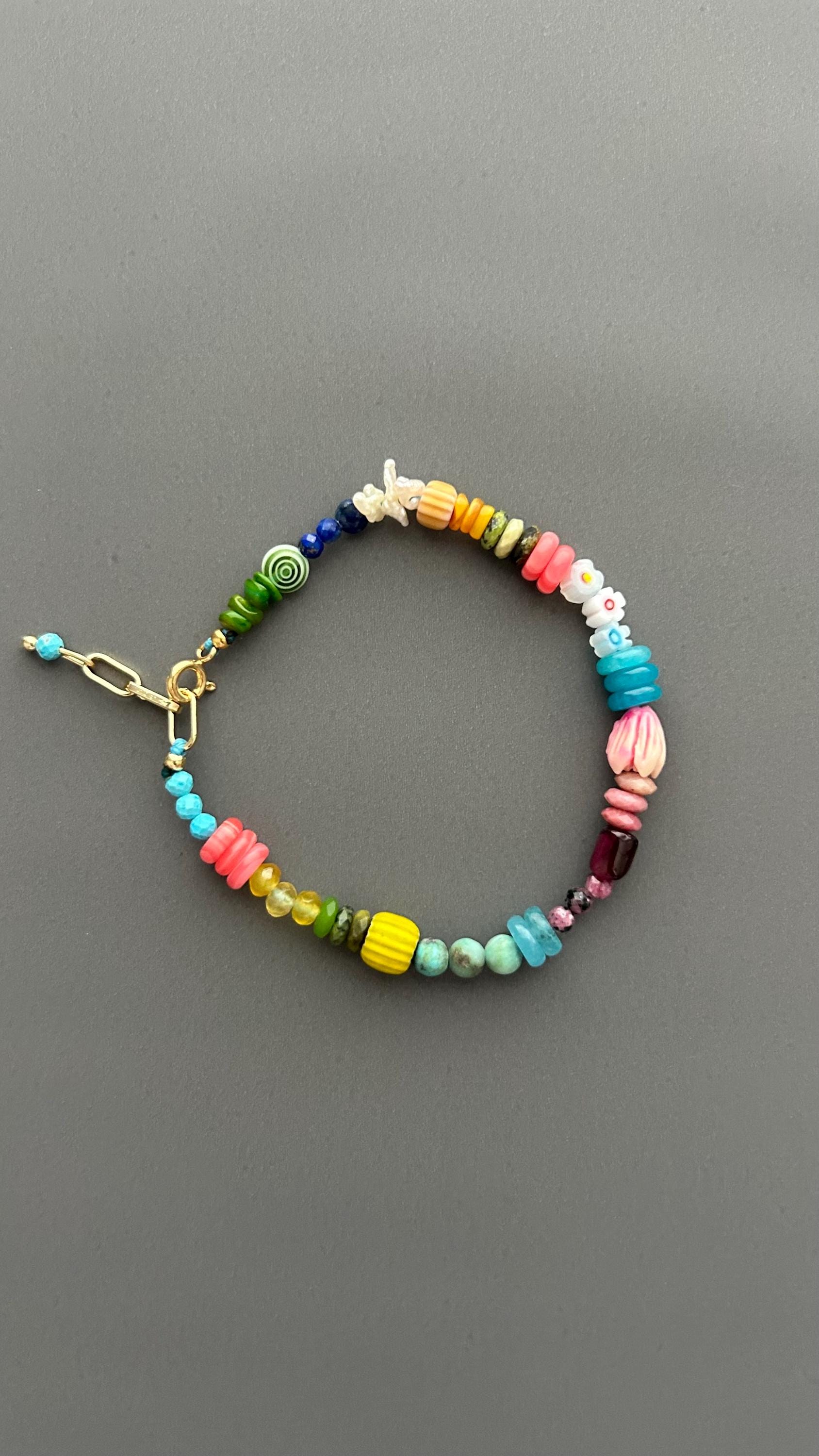 Crystal Flower Beaded Bracelet | Turquoise Pink Gemstone | Boho Stack Summer Jewelry