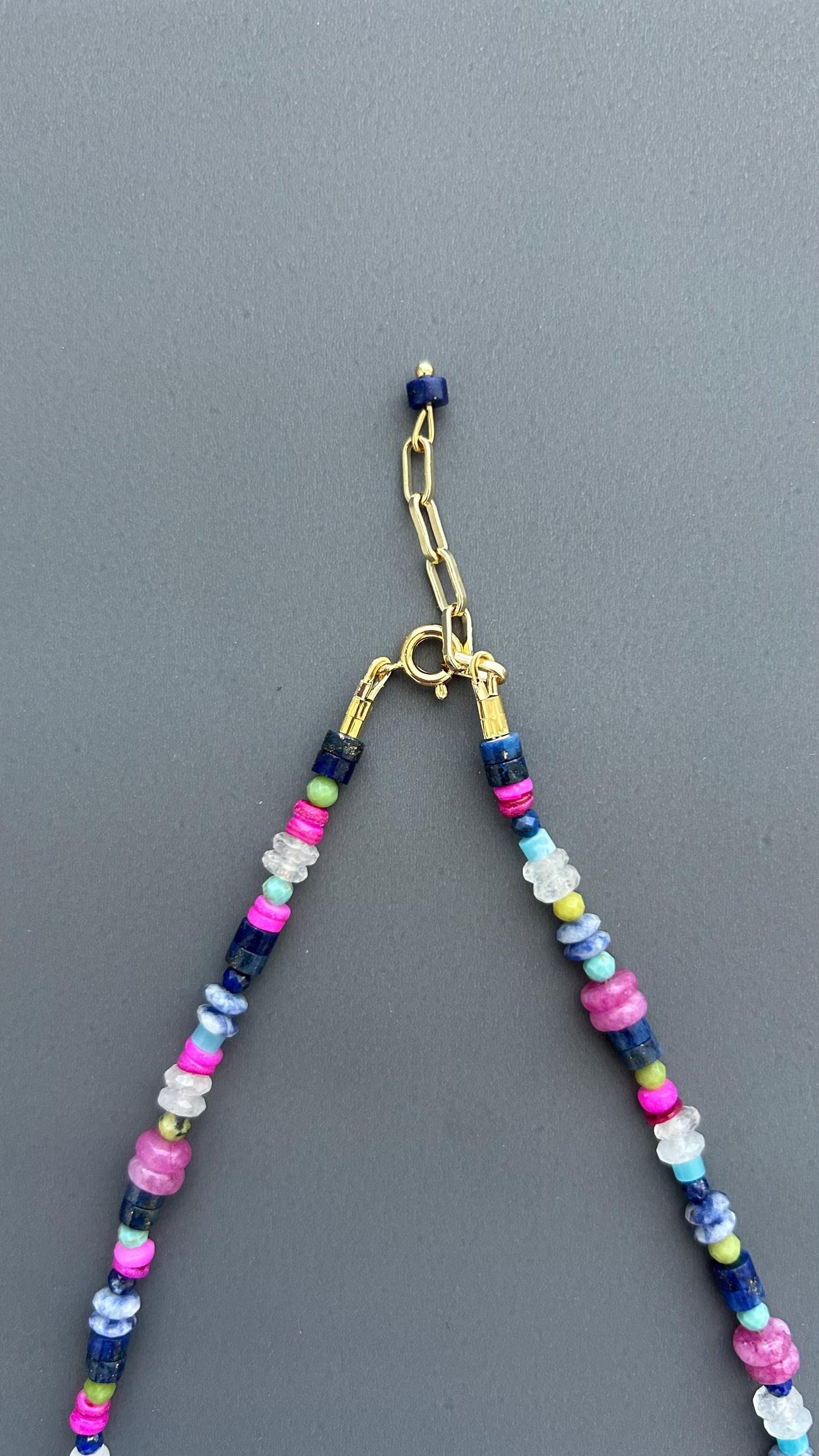 Coastal Healing Crystal Beaded Necklace | Lapis Lazuli Moonstone Turquoise Pink Shell | Boho Layering Jewelry