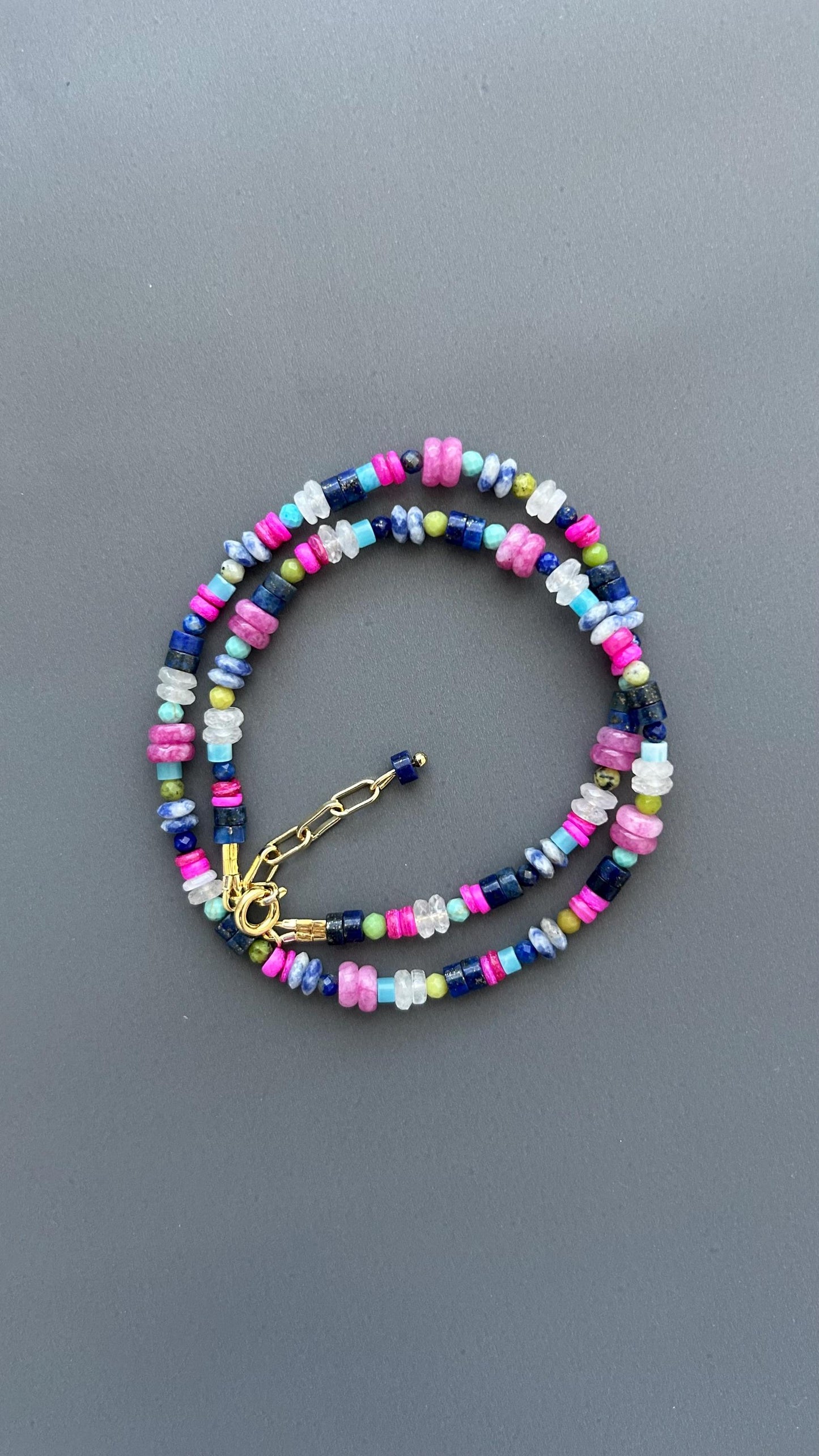 Coastal Healing Crystal Beaded Necklace | Lapis Lazuli Moonstone Turquoise Pink Shell | Boho Layering Jewelry