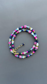 Coastal Healing Crystal Beaded Necklace | Lapis Lazuli Moonstone Turquoise Pink Shell | Boho Layering Jewelry