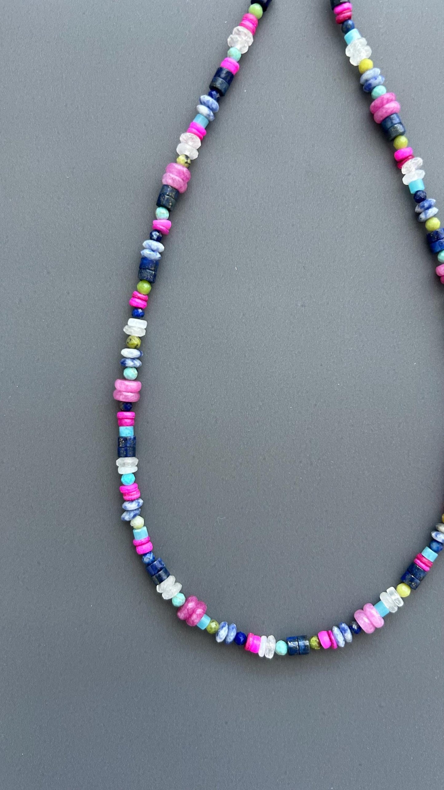 Coastal Healing Crystal Beaded Necklace | Lapis Lazuli Moonstone Turquoise Pink Shell | Boho Layering Jewelry