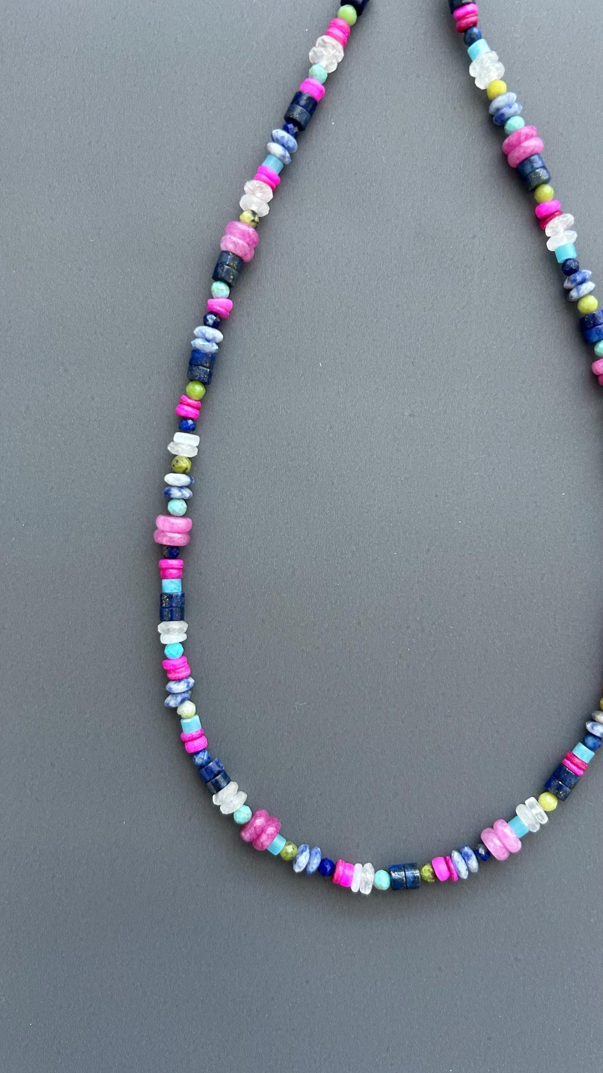 Coastal Healing Crystal Beaded Necklace | Lapis Lazuli Moonstone Turquoise Pink Shell | Boho Layering Jewelry
