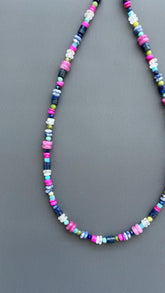 Coastal Healing Crystal Beaded Necklace | Lapis Lazuli Moonstone Turquoise Pink Shell | Boho Layering Jewelry