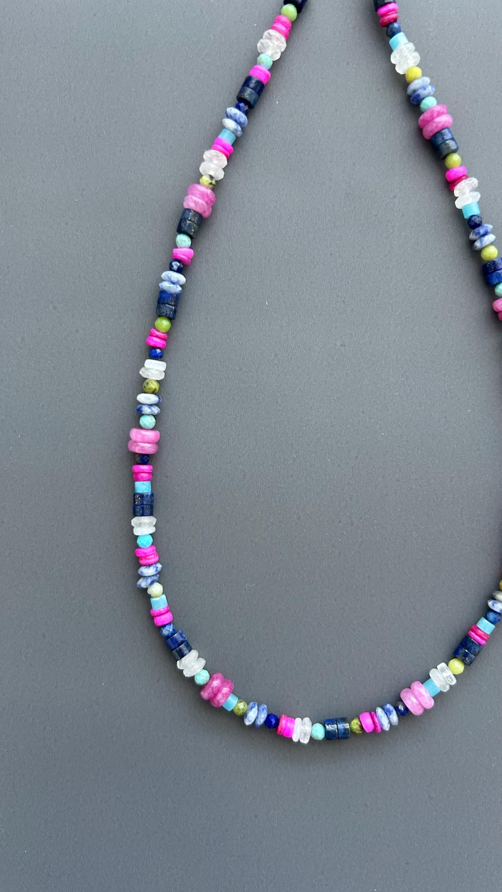 Coastal Healing Crystal Beaded Necklace | Lapis Lazuli Moonstone Turquoise Pink Shell | Boho Layering Jewelry
