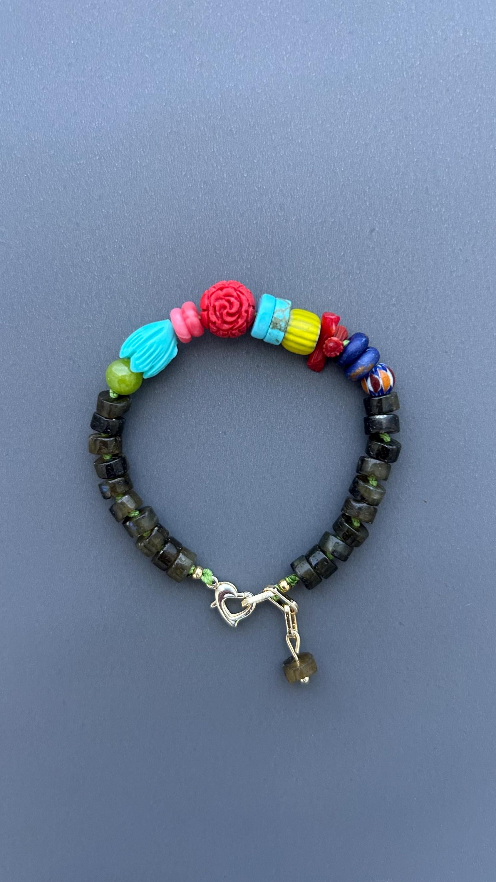Boho Gemstone Bracelet Handmade, Labradorite Beaded Bracelet, Colorful Artisan Jewelry, Heart Clasp Bracelet, Unique Gift for Women