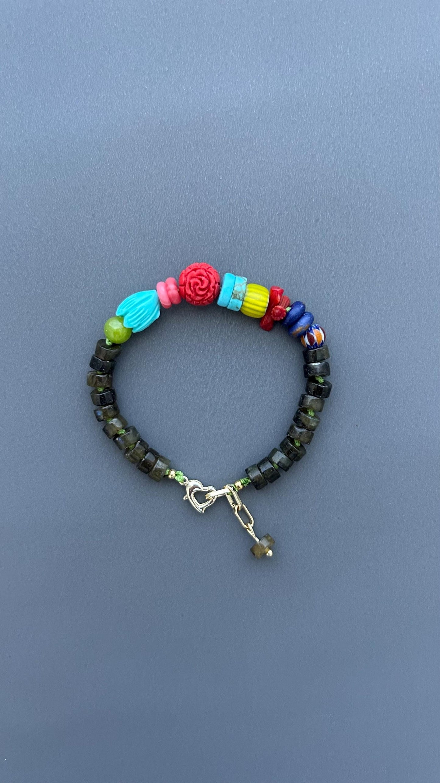 Boho Gemstone Bracelet Handmade, Labradorite Beaded Bracelet, Colorful Artisan Jewelry, Heart Clasp Bracelet, Unique Gift for Women
