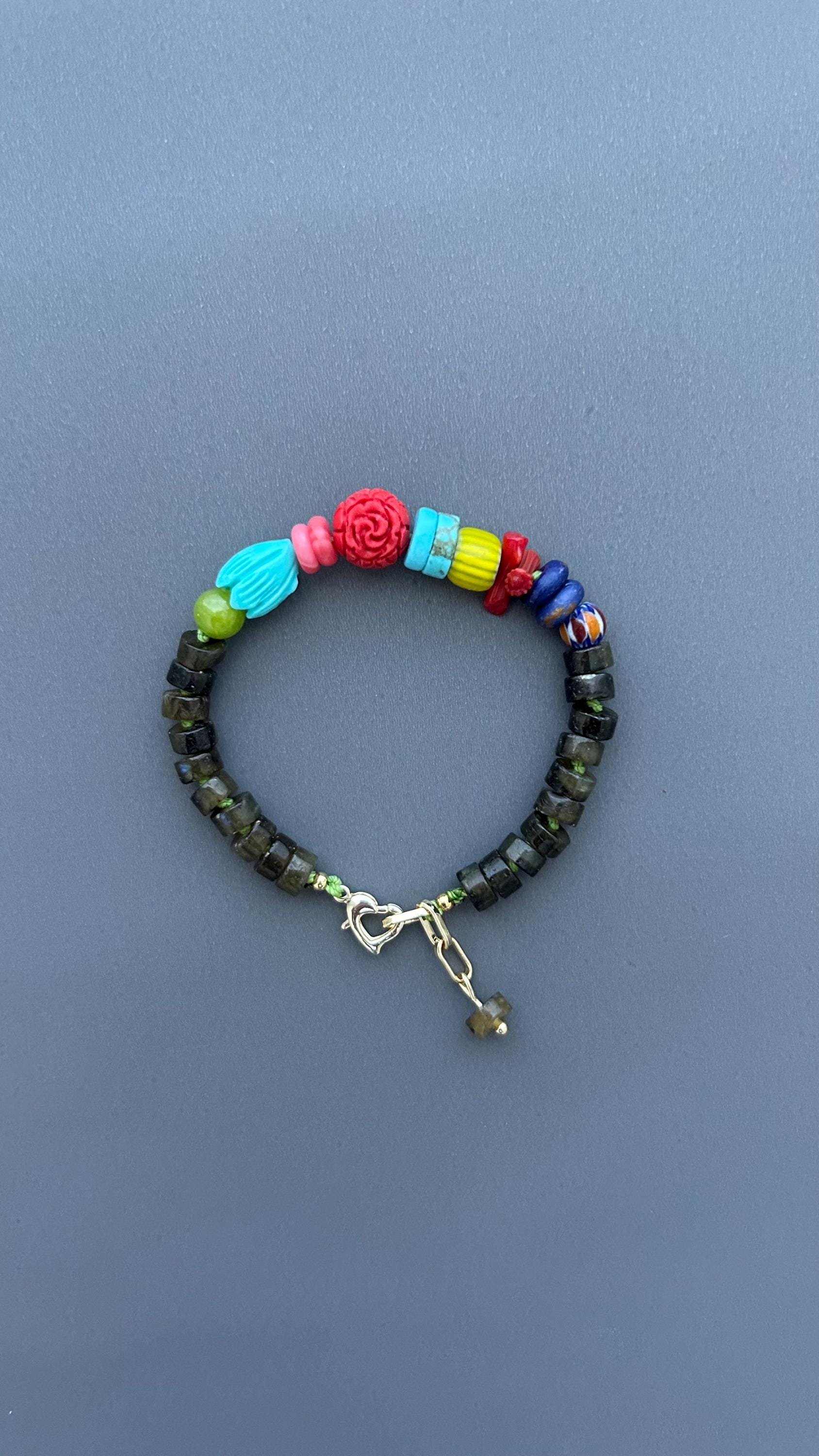 Boho Gemstone Bracelet Handmade, Labradorite Beaded Bracelet, Colorful Artisan Jewelry, Heart Clasp Bracelet, Unique Gift for Women