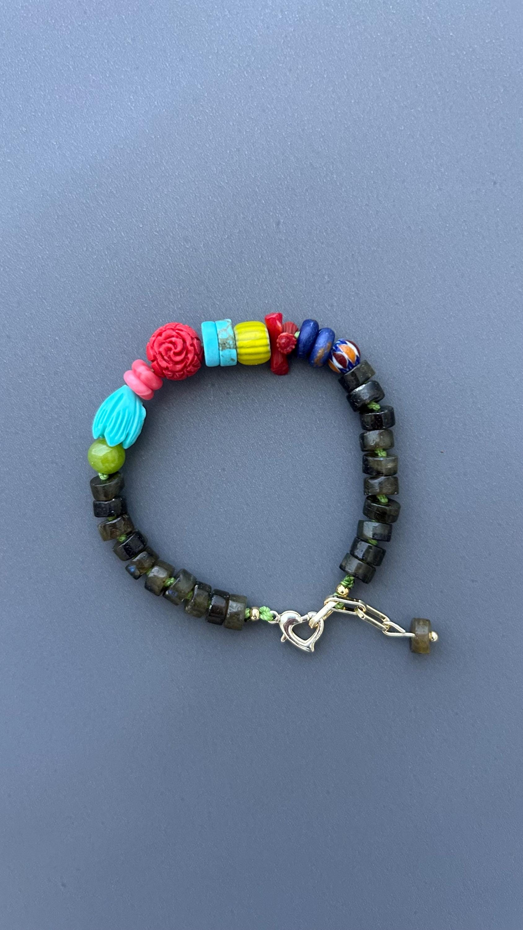 Boho Gemstone Bracelet Handmade, Labradorite Beaded Bracelet, Colorful Artisan Jewelry, Heart Clasp Bracelet, Unique Gift for Women