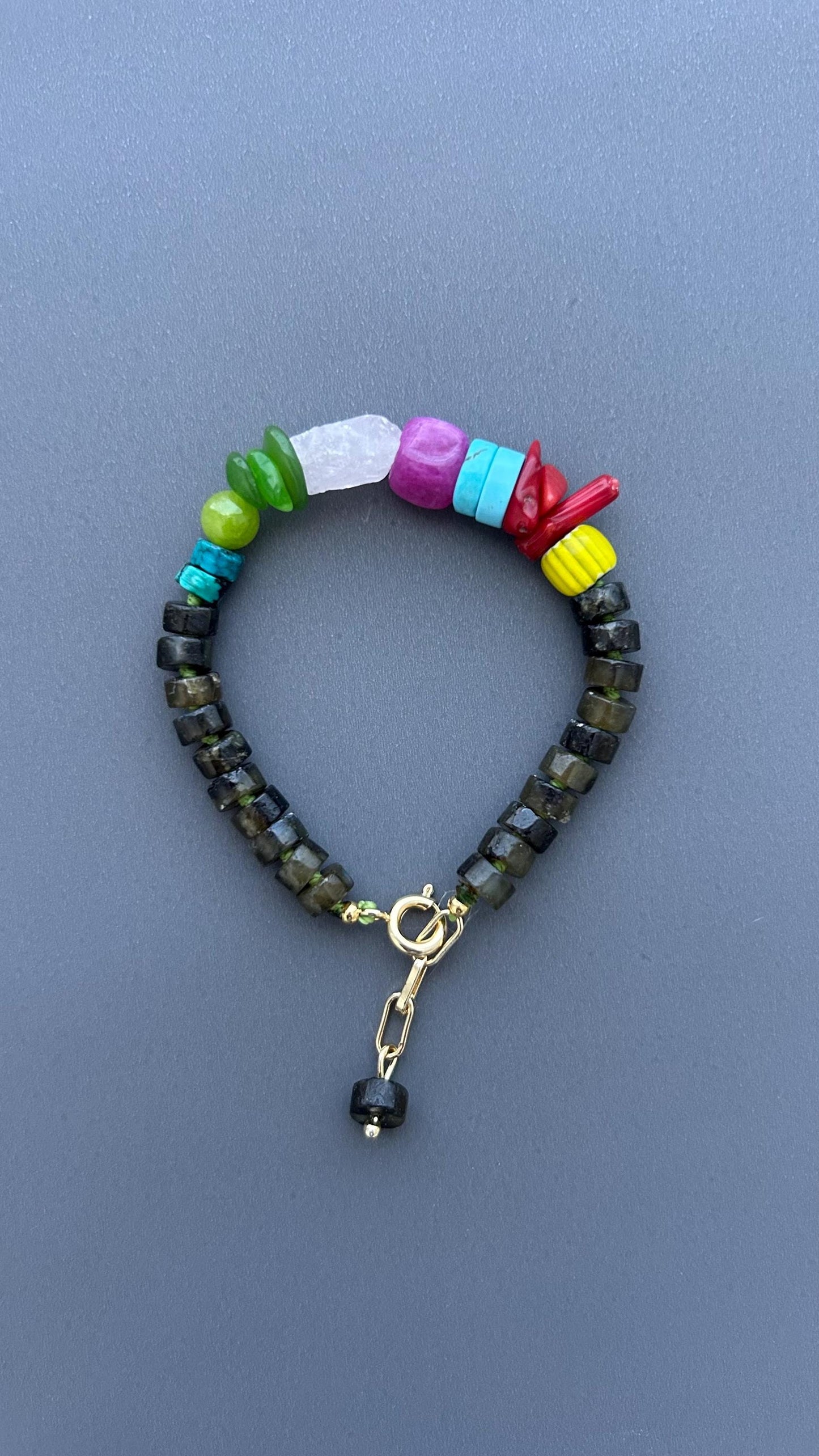 Colorful Gemstone Bracelet, Boho Artisan Beaded Bracelet, Labradorite Jewelry, Heart Toggle Bracelet, Handmade Statement Jewelry, Gift