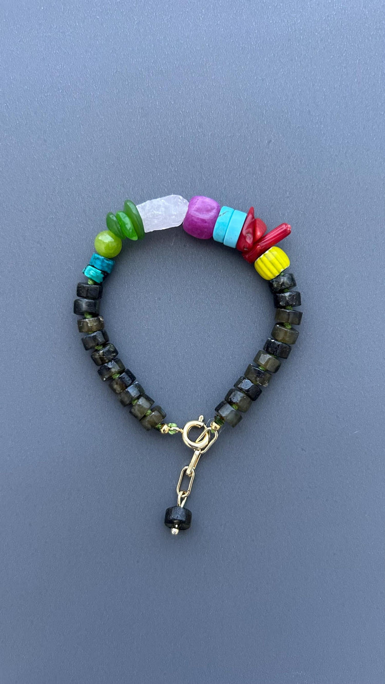 Colorful Gemstone Bracelet, Boho Artisan Beaded Bracelet, Labradorite Jewelry, Heart Toggle Bracelet, Handmade Statement Jewelry, Gift