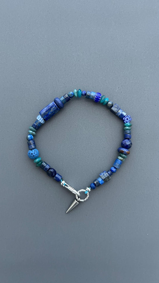 Blue Gemstone Bracelet for Men & Women | Lapis Lazuli Beaded Bracelet | Boho Bracelet | Blue Stone Jewelry | Spike Charm Bracelet Gift