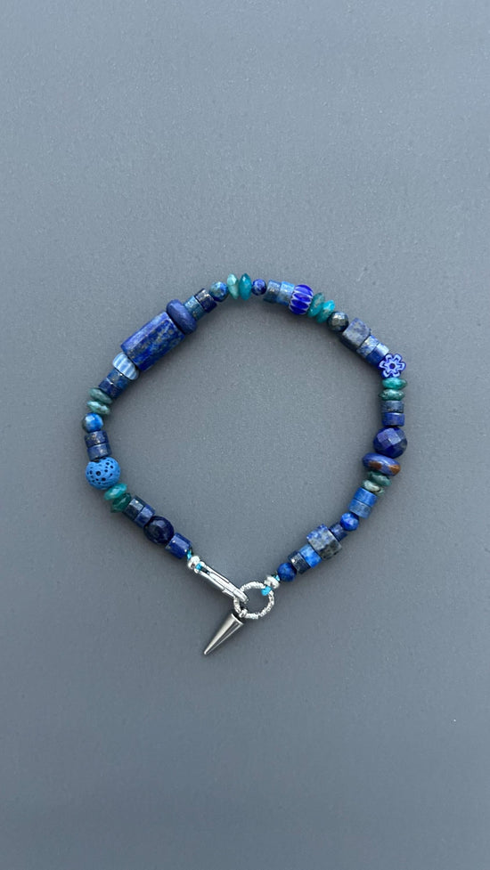 Blue Gemstone Bracelet for Men & Women | Lapis Lazuli Beaded Bracelet | Boho Bracelet | Blue Stone Jewelry | Spike Charm Bracelet Gift