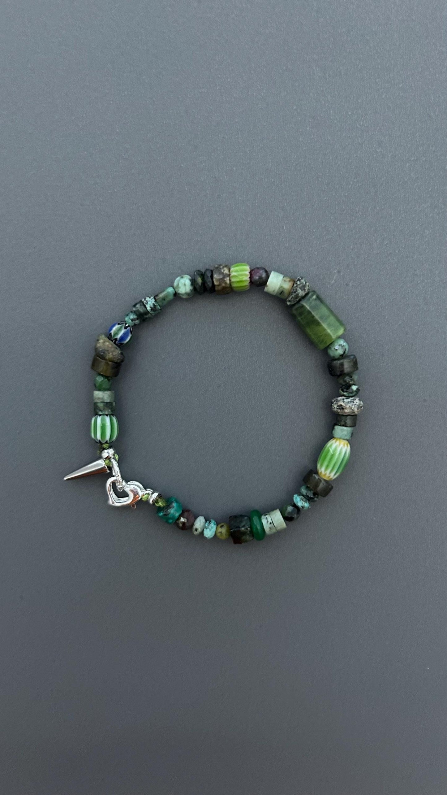 Dark Forest Gemstone Bracelet | Artisan Beaded Bracelet | Green Crystal & Turquoise Jewelry | Edgy Bohemian Heart Charm | Unisex Jewelry