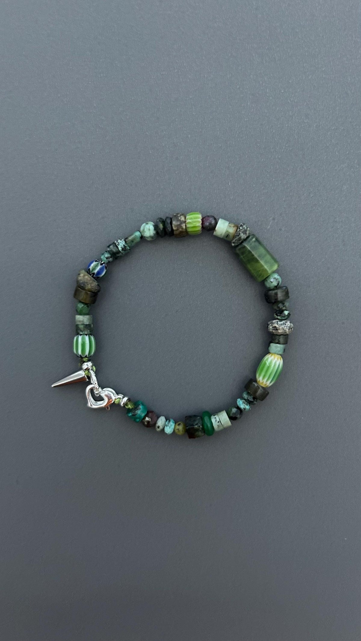 Dark Forest Gemstone Bracelet | Artisan Beaded Bracelet | Green Crystal & Turquoise Jewelry | Edgy Bohemian Heart Charm | Unisex Jewelry
