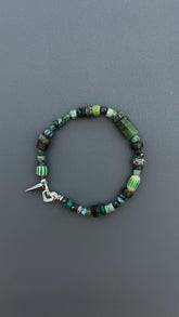 Dark Forest Gemstone Bracelet | Artisan Beaded Bracelet | Green Crystal & Turquoise Jewelry | Edgy Bohemian Heart Charm | Unisex Jewelry