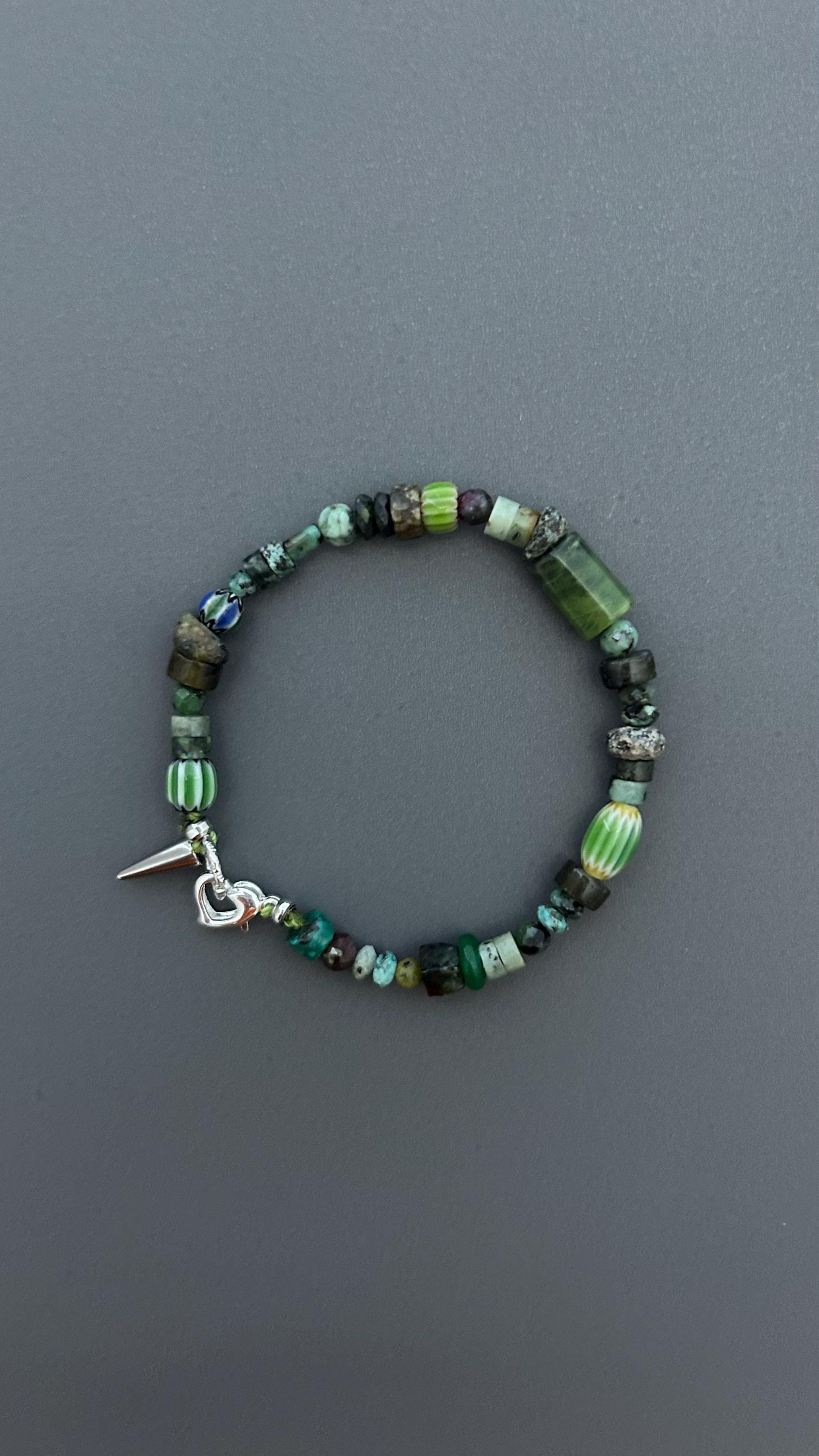 Dark Forest Gemstone Bracelet | Artisan Beaded Bracelet | Green Crystal & Turquoise Jewelry | Edgy Bohemian Heart Charm | Unisex Jewelry