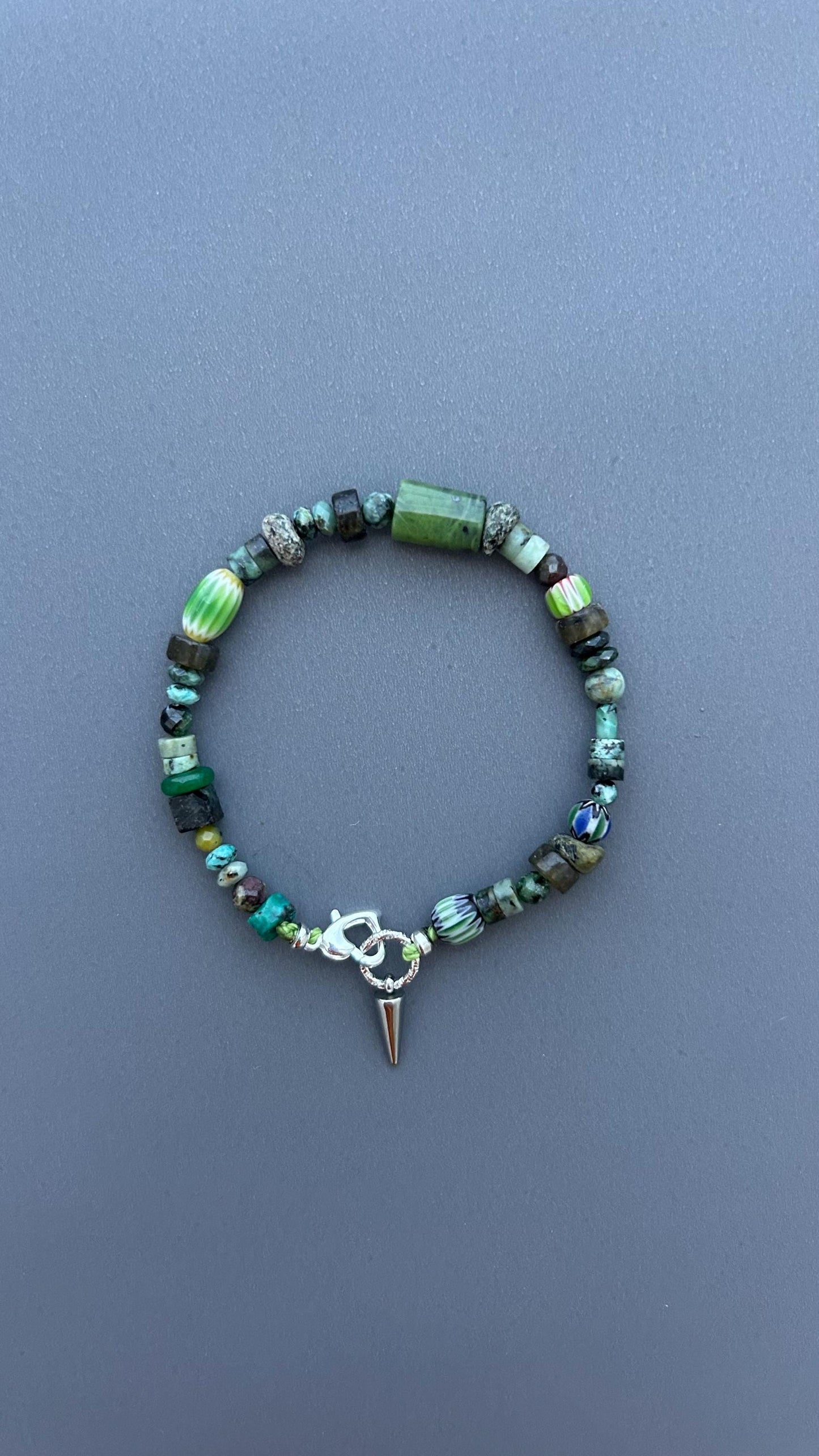 Dark Forest Gemstone Bracelet | Artisan Beaded Bracelet | Green Crystal & Turquoise Jewelry | Edgy Bohemian Heart Charm | Unisex Jewelry