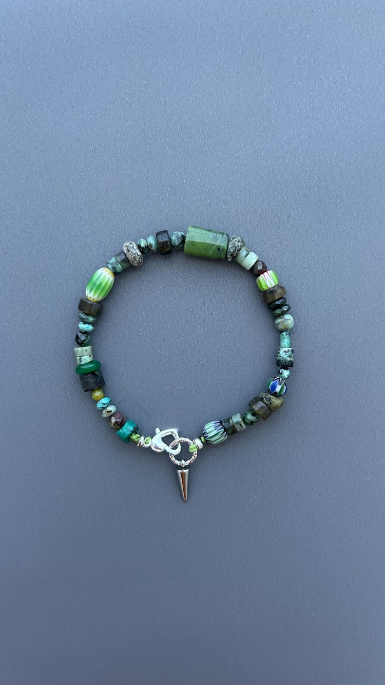Dark Forest Gemstone Bracelet | Artisan Beaded Bracelet | Green Crystal & Turquoise Jewelry | Edgy Bohemian Heart Charm | Unisex Jewelry