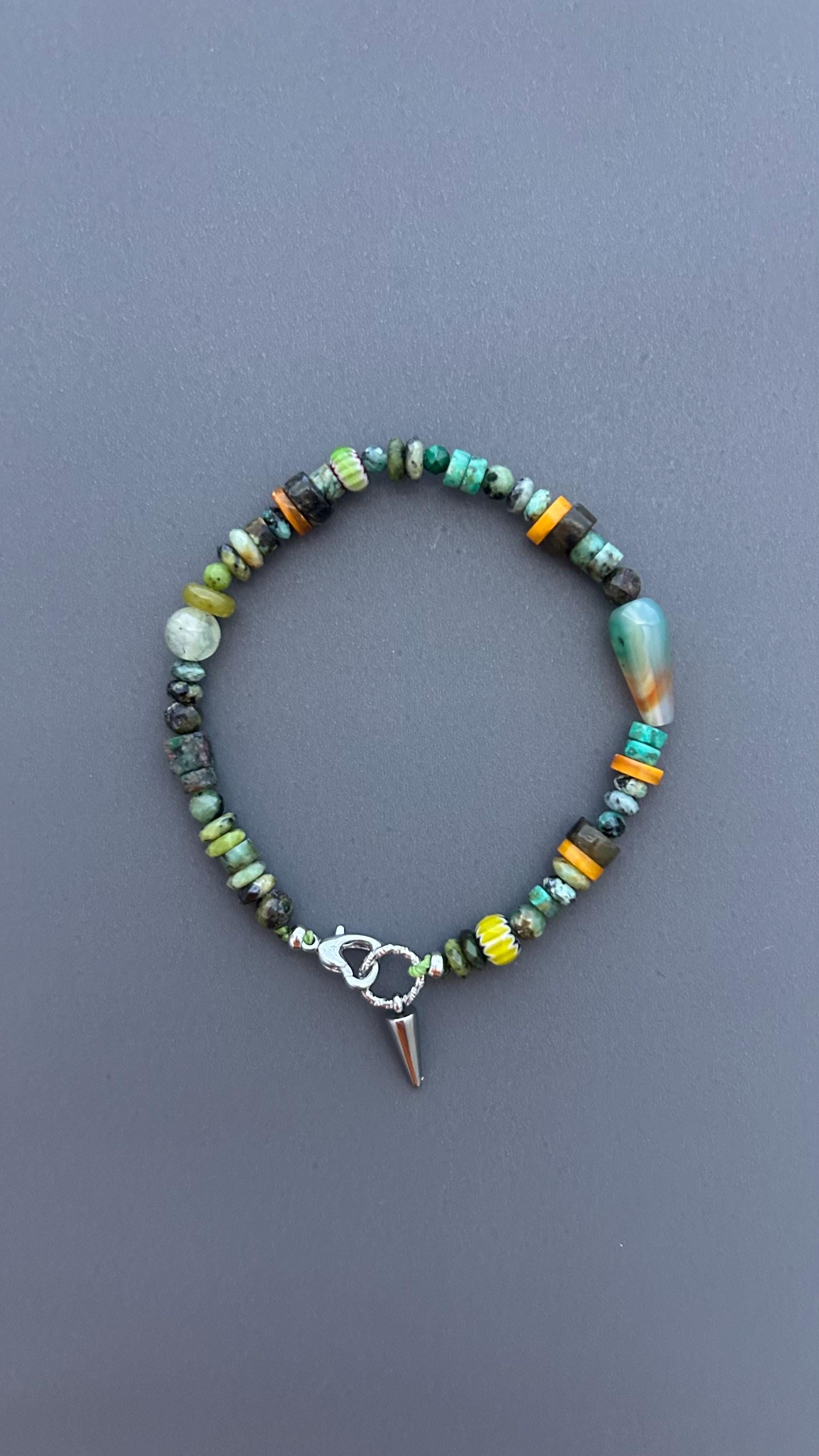 Green Gemstone Beaded Bracelet, Handmade Turquoise Bracelet, African Trade Bead Jewelry, Artisan Agate Bracelet, Boho Clasp Bracelet Gift