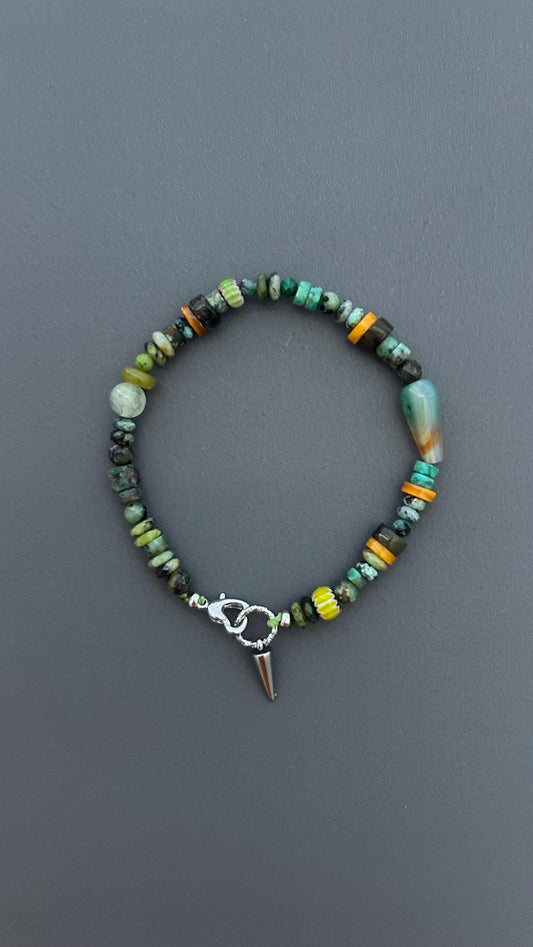 Green Gemstone Beaded Bracelet, Handmade Turquoise Bracelet, African Trade Bead Jewelry, Artisan Agate Bracelet, Boho Clasp Bracelet Gift