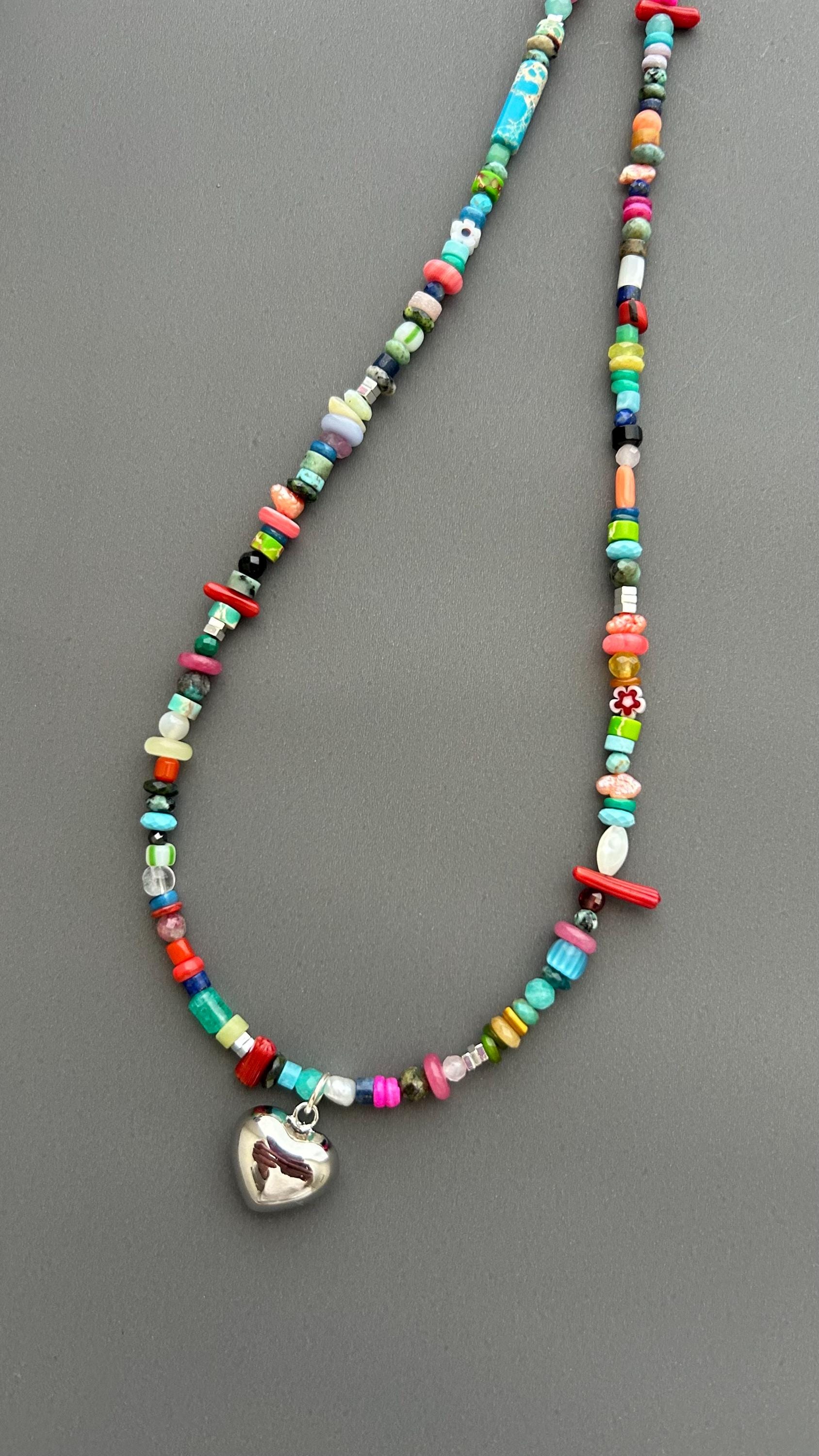 Rainbow Heart Pendant Necklace - Colorful Gemstone Beaded Maximalist Statement Jewelry Adjustable Handmade Artist Necklace