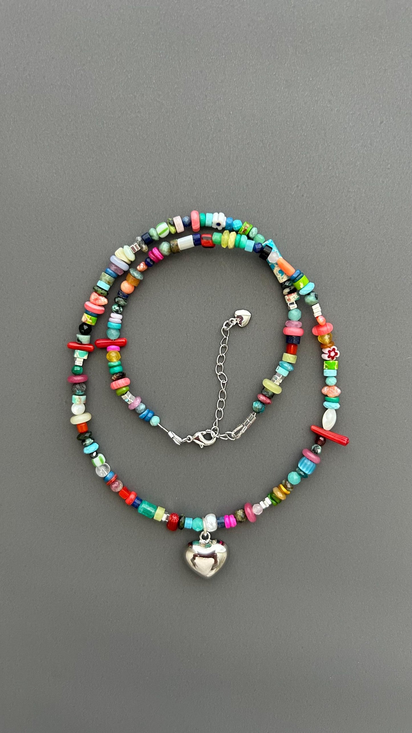 Rainbow Heart Pendant Necklace - Colorful Gemstone Beaded Maximalist Statement Jewelry Adjustable Handmade Artist Necklace
