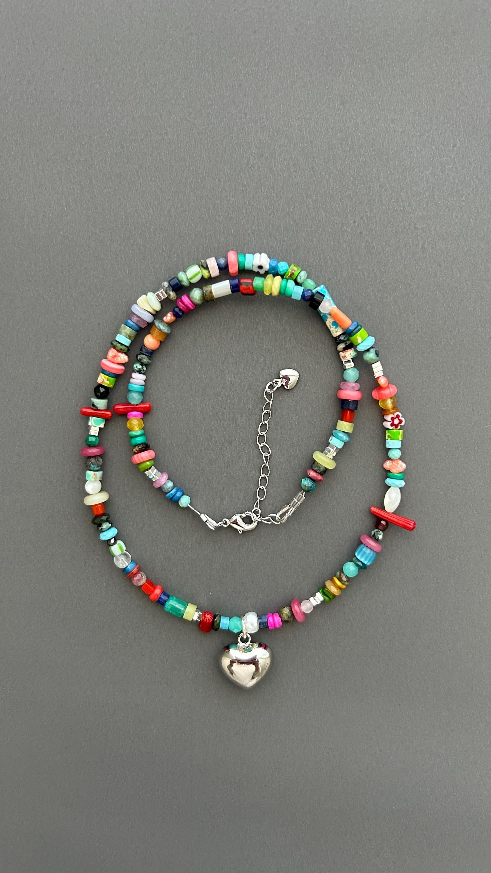 Rainbow Heart Pendant Necklace - Colorful Gemstone Beaded Maximalist Statement Jewelry Adjustable Handmade Artist Necklace