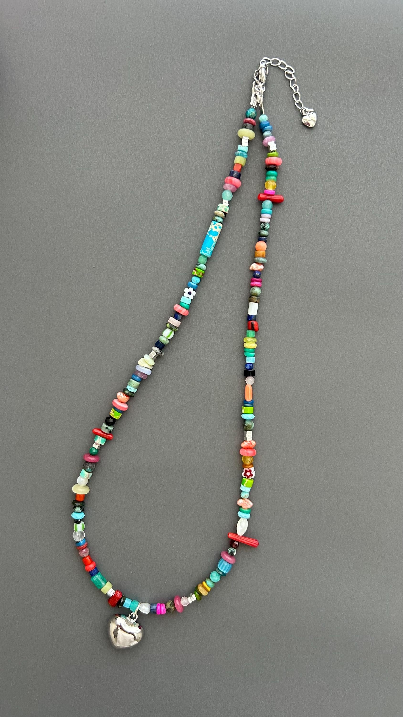 Rainbow Heart Pendant Necklace - Colorful Gemstone Beaded Maximalist Statement Jewelry Adjustable Handmade Artist Necklace