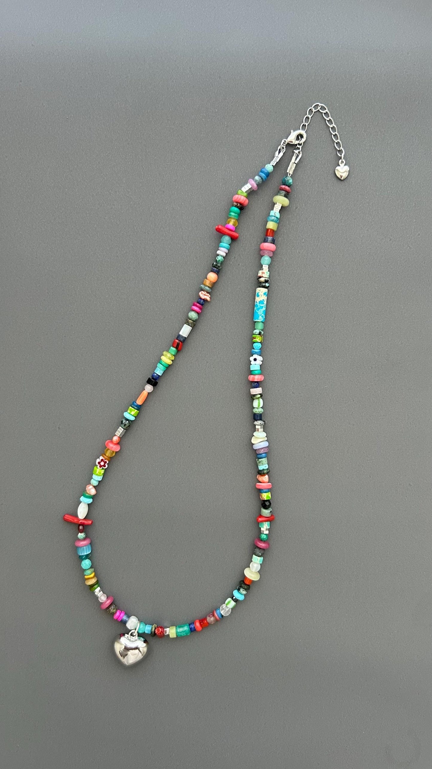 Rainbow Heart Pendant Necklace - Colorful Gemstone Beaded Maximalist Statement Jewelry Adjustable Handmade Artist Necklace