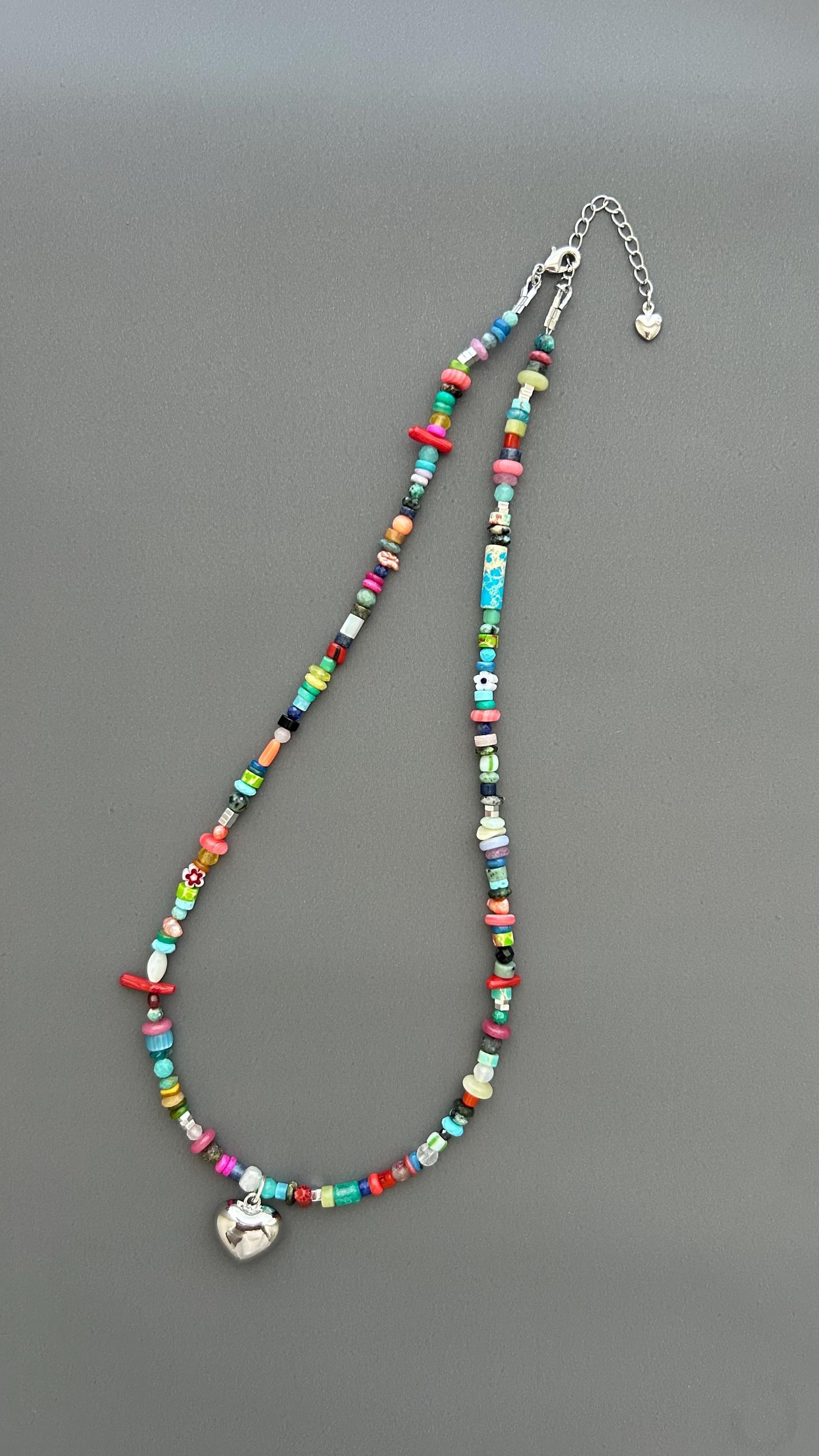 Rainbow Heart Pendant Necklace - Colorful Gemstone Beaded Maximalist Statement Jewelry Adjustable Handmade Artist Necklace
