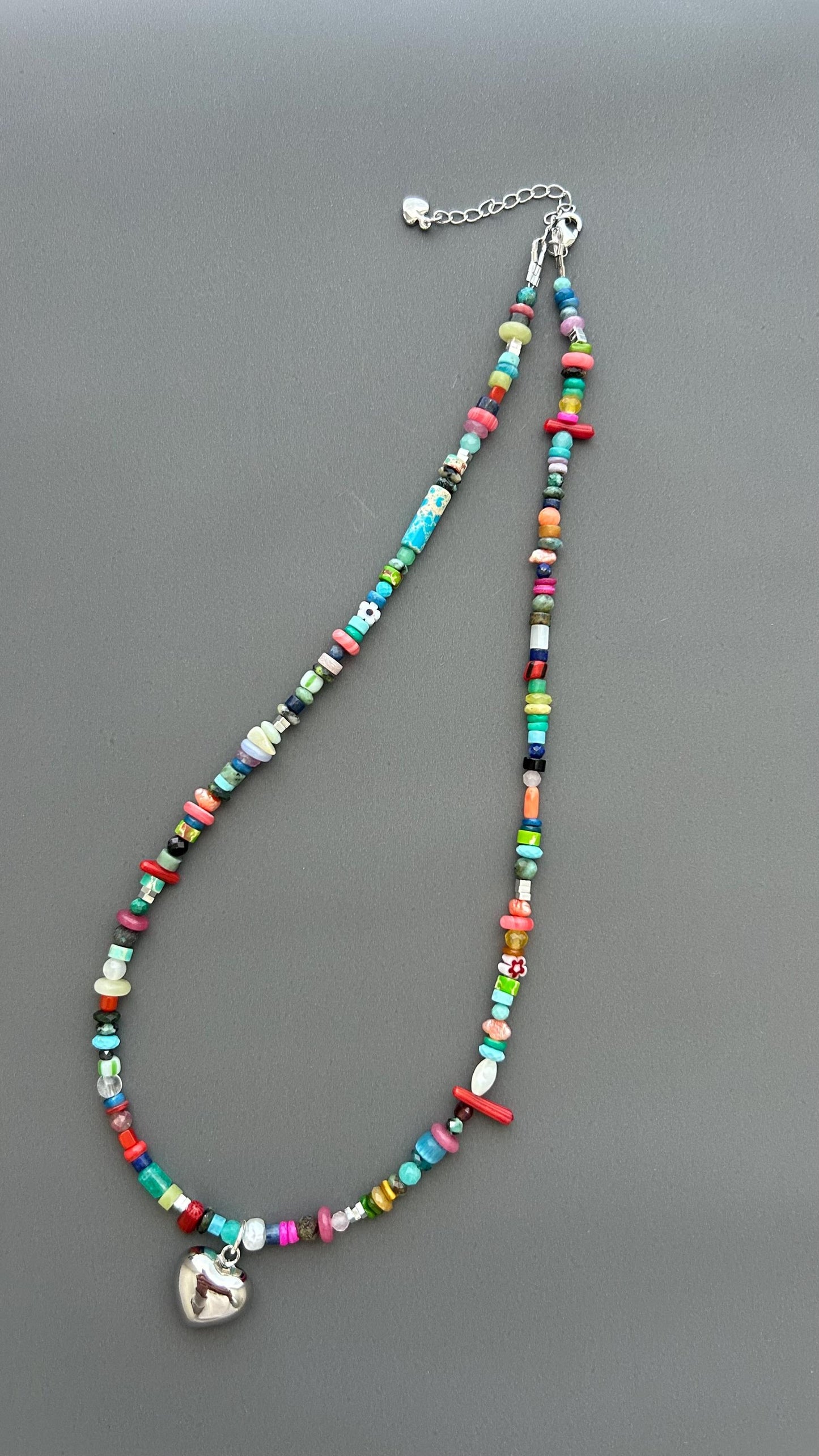 Rainbow Heart Pendant Necklace - Colorful Gemstone Beaded Maximalist Statement Jewelry Adjustable Handmade Artist Necklace