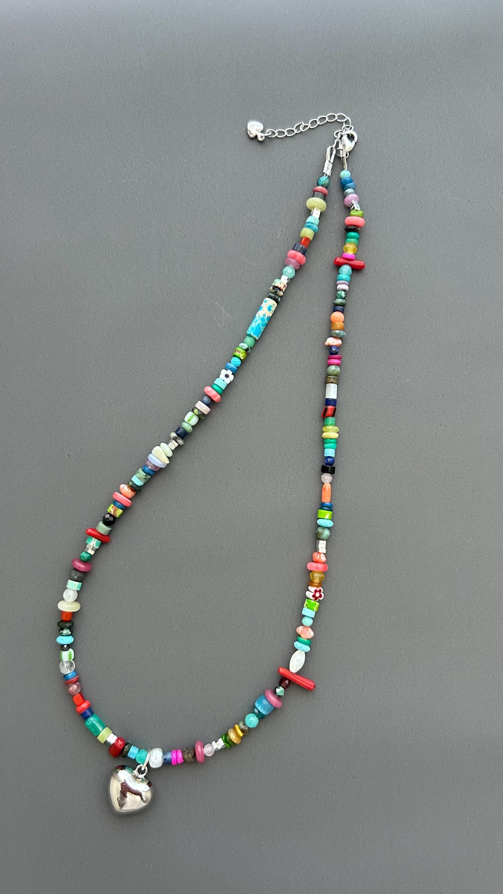 Rainbow Heart Pendant Necklace - Colorful Gemstone Beaded Maximalist Statement Jewelry Adjustable Handmade Artist Necklace