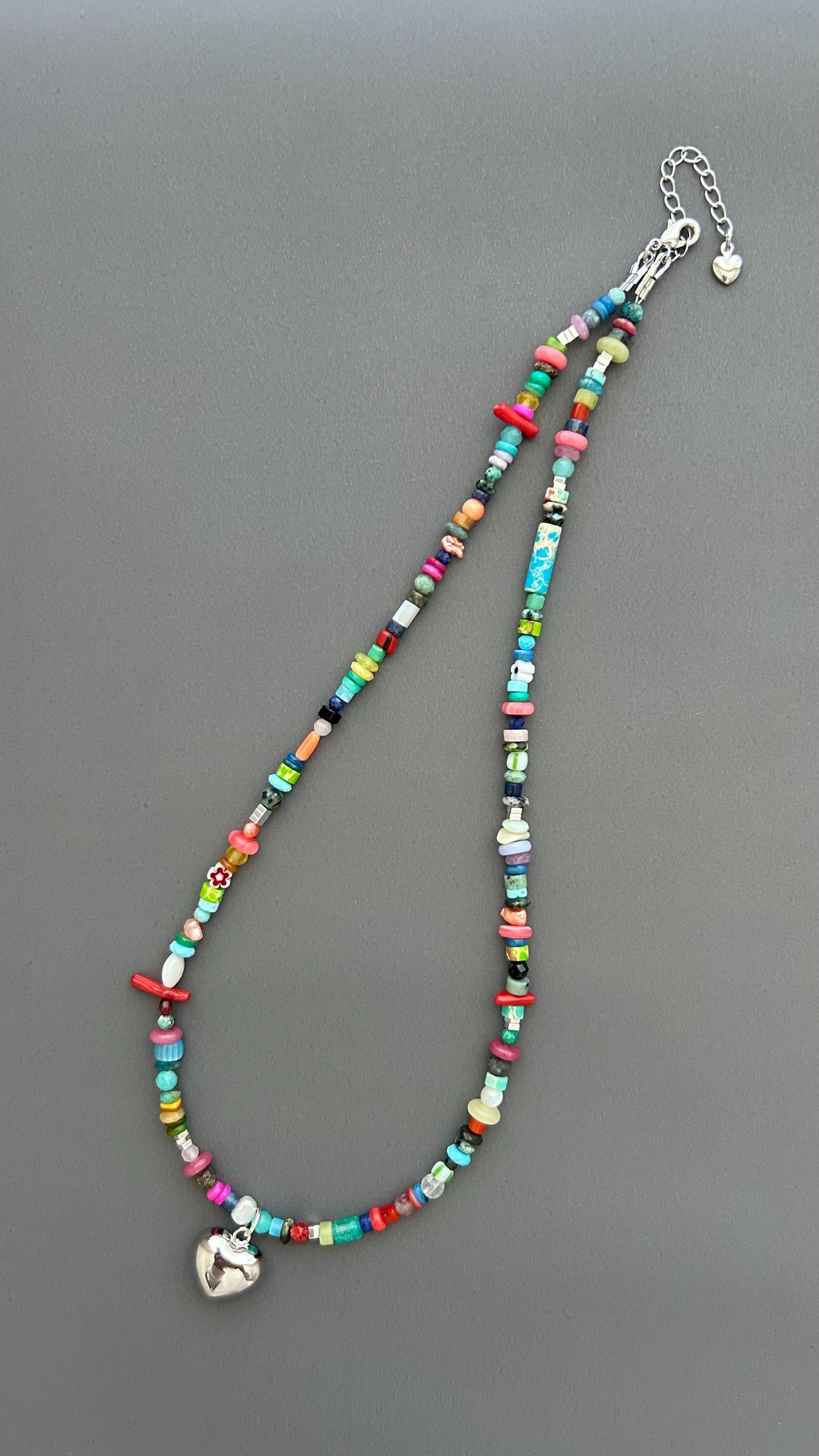 Rainbow Heart Pendant Necklace - Colorful Gemstone Beaded Maximalist Statement Jewelry Adjustable Handmade Artist Necklace