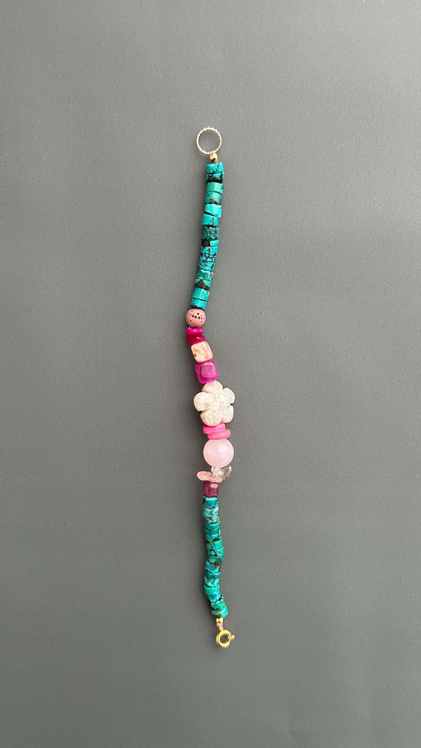 Boho Turquoise Beaded Bracelet, Handmade Gemstone Bracelet, Pink Floral Bracelet, Artisan Jewelry, Colorful Layering Bracelet