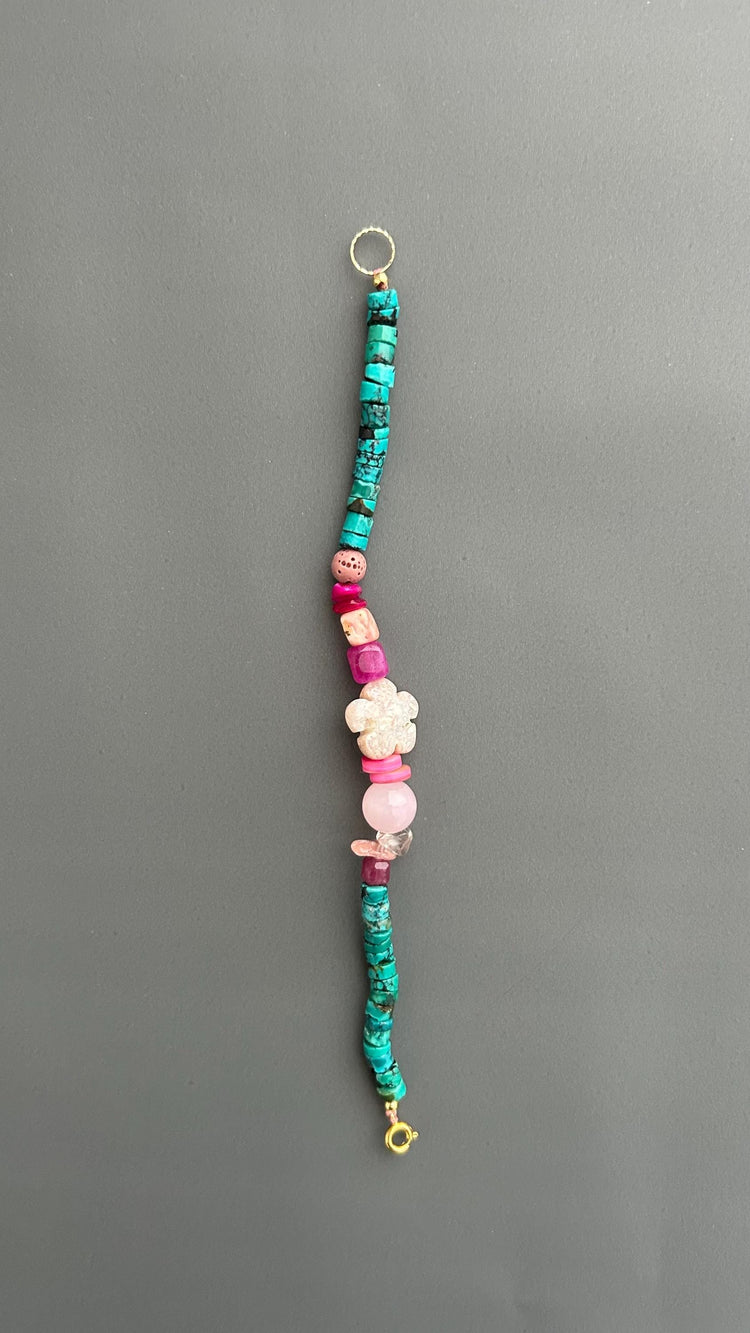 Boho Turquoise Beaded Bracelet, Handmade Gemstone Bracelet, Pink Floral Bracelet, Artisan Jewelry, Colorful Layering Bracelet