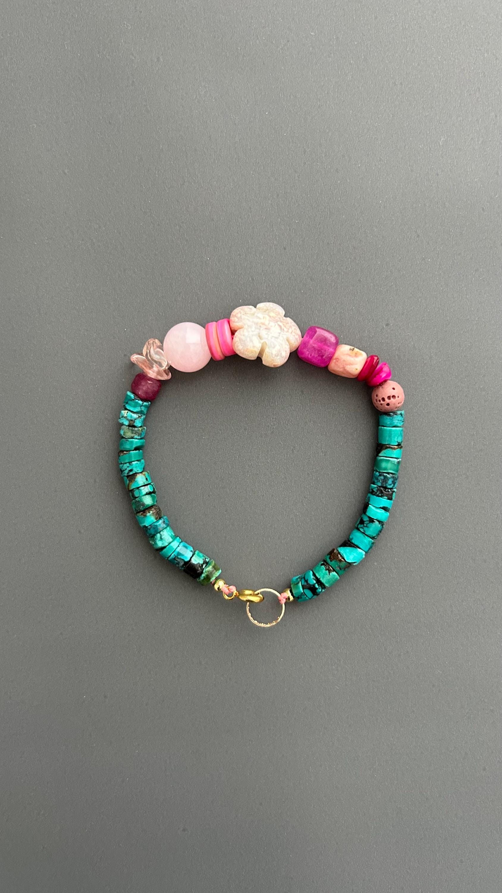 Boho Turquoise Beaded Bracelet, Handmade Gemstone Bracelet, Pink Floral Bracelet, Artisan Jewelry, Colorful Layering Bracelet