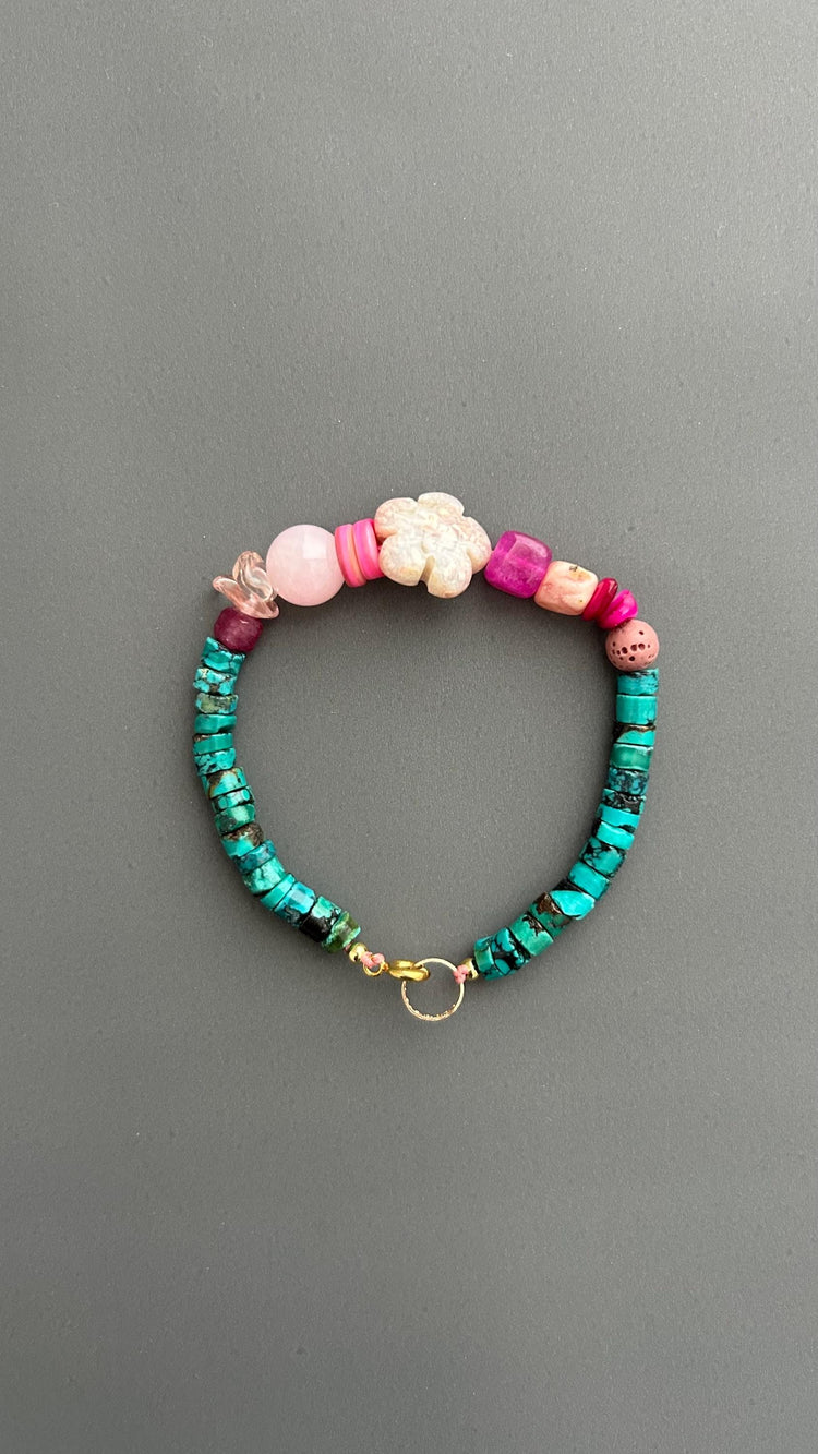 Boho Turquoise Beaded Bracelet, Handmade Gemstone Bracelet, Pink Floral Bracelet, Artisan Jewelry, Colorful Layering Bracelet