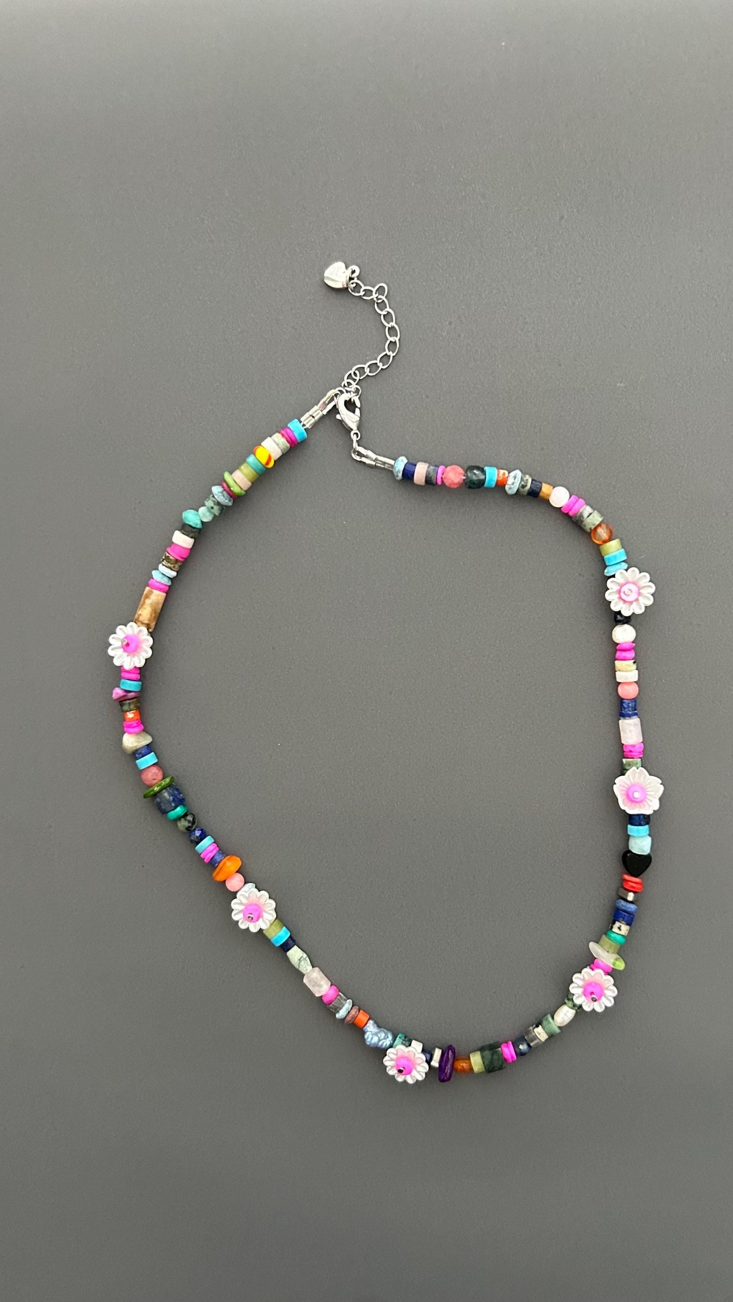 Colorful Flower Beaded Necklace | Boho Gemstone Necklace | Handmade Daisy Jewelry | Summer Layering Necklace | Festival Jewelry Gift